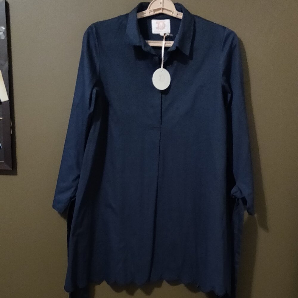 Victoria Dunn Navy Blue Shirt Dress Scallop Hem Tie Cuff Sleeves NWT SMALL
